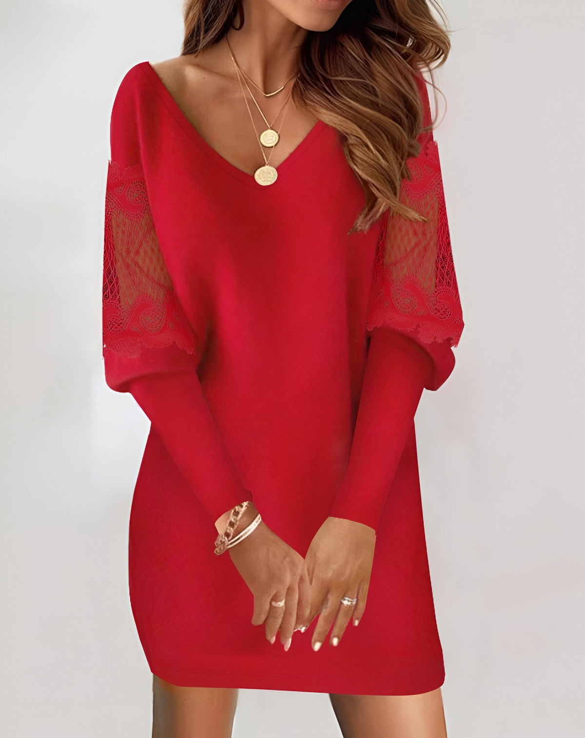 Langarm Kleid Damen | Femininer V-Ausschnitt mit Spitzendetail