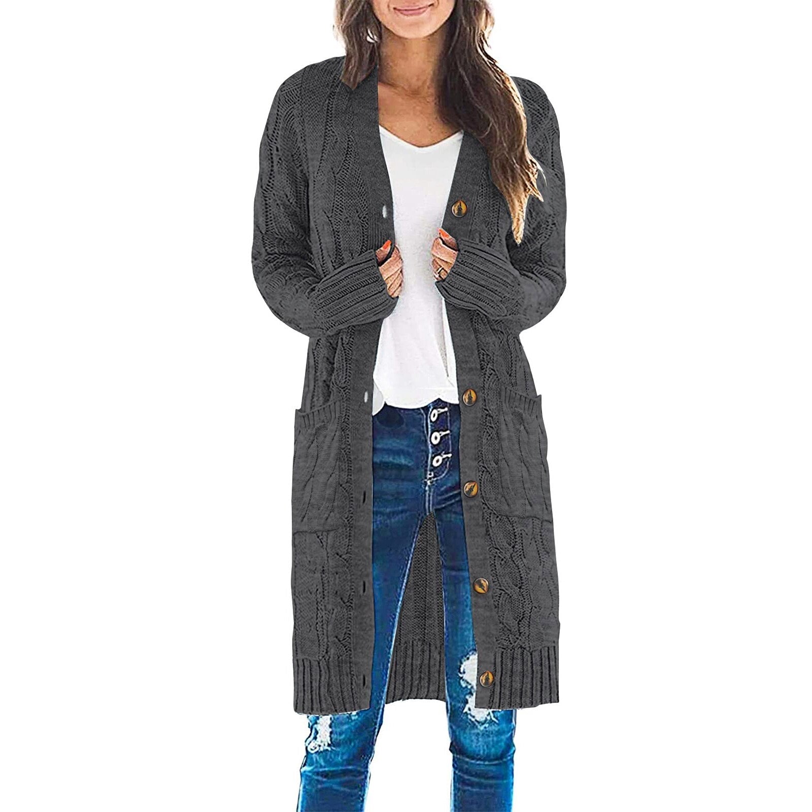Lässiger Langarm-Strickmantel | Damen Cardigan mit Taschen für Frühling und Herbst