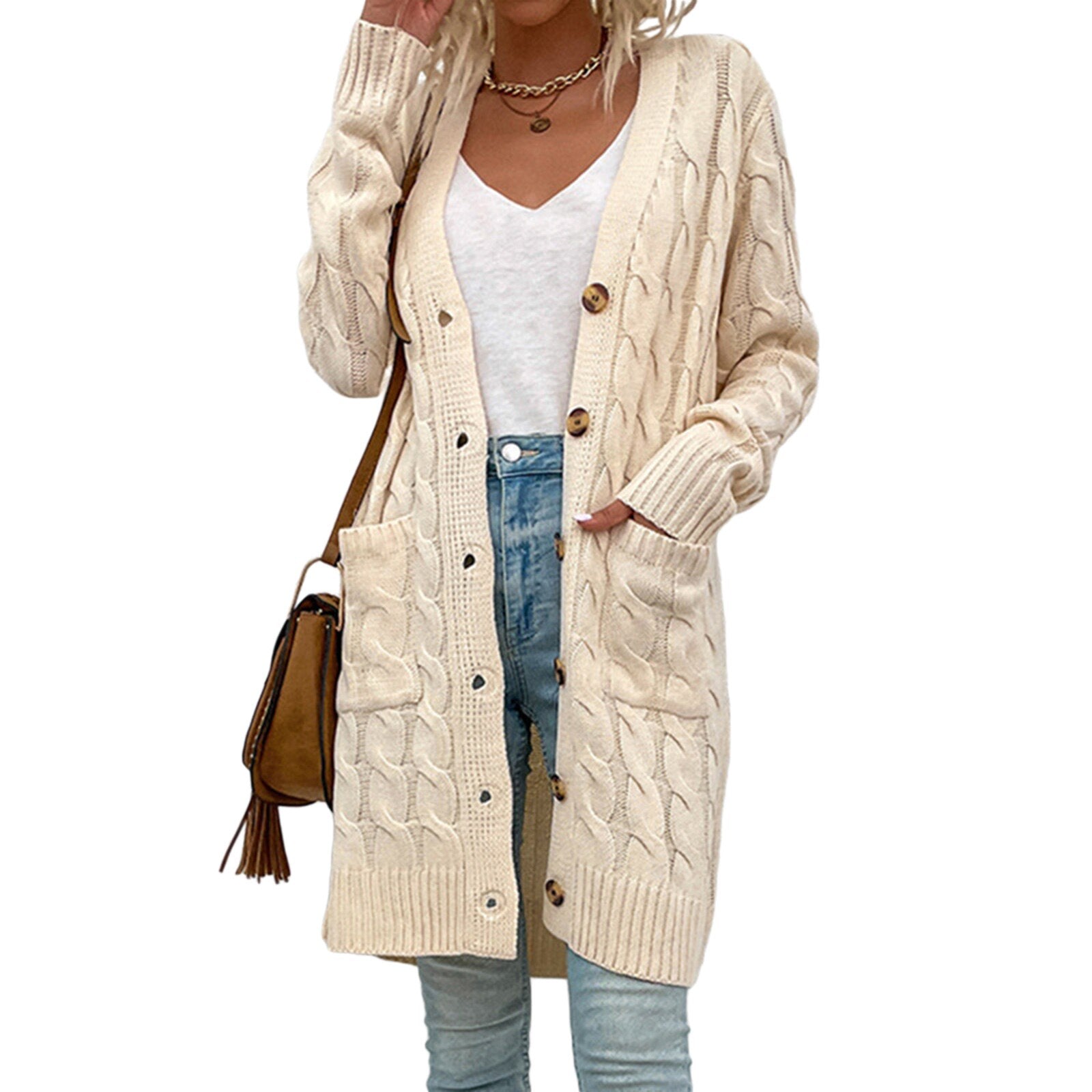 Lässiger Langarm-Strickmantel | Damen Cardigan mit Taschen für Frühling und Herbst