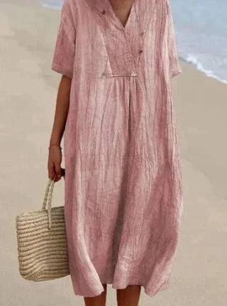 Leinenkleid Damen | Luftiges Midi mit V-Ausschnitt & lockerem Schnitt