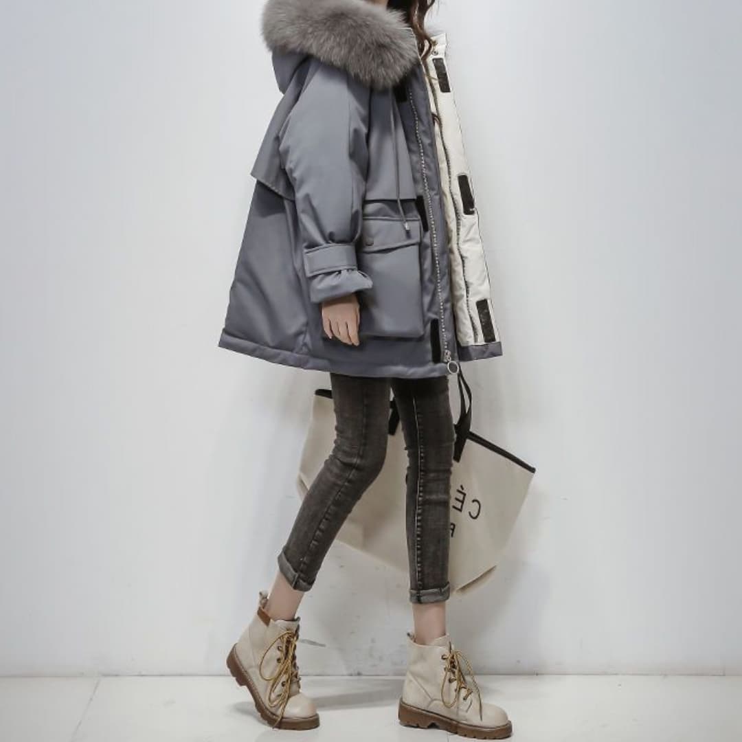 Lila - Warme Pelzkapuzen-Pufferjacke