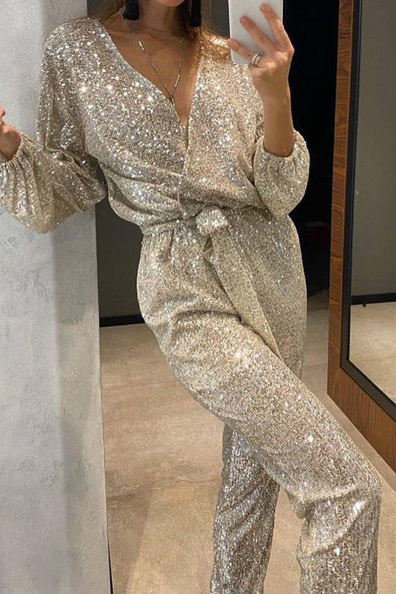 Lozenda - Frauen V-Ausschnitt Pailletten Jumpsuit