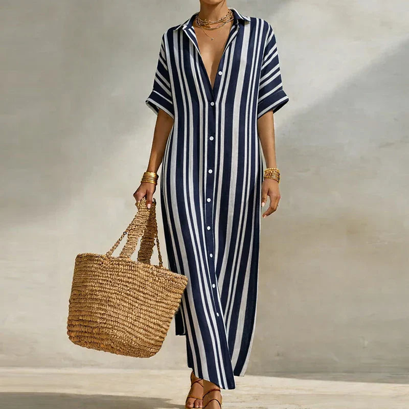 Luftiges Hemdblusenkleid mit Streifenmuster für Damen – Elegantes Maxikleid für Sommer & Urlaub 1