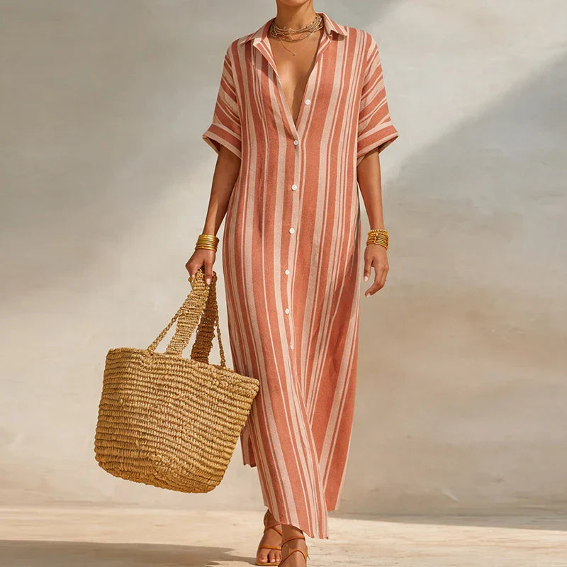 Luftiges Hemdblusenkleid mit Streifenmuster für Damen – Elegantes Maxikleid für Sommer & Urlaub 2