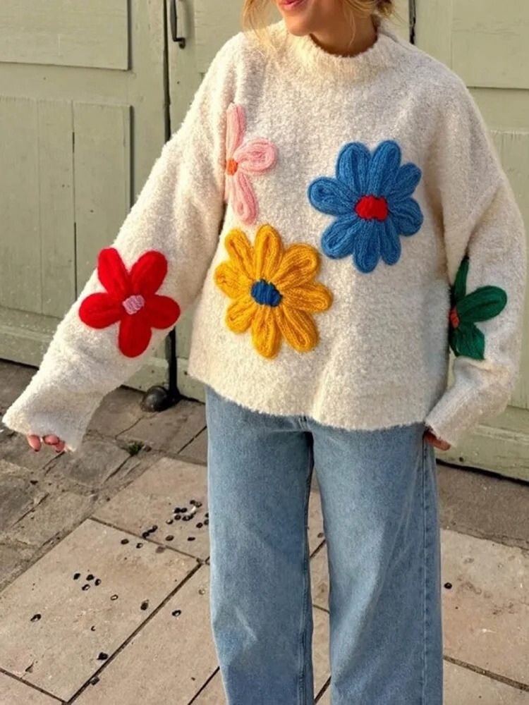 Maisie - Strickrollkragenpullover Buntes Blumendesign