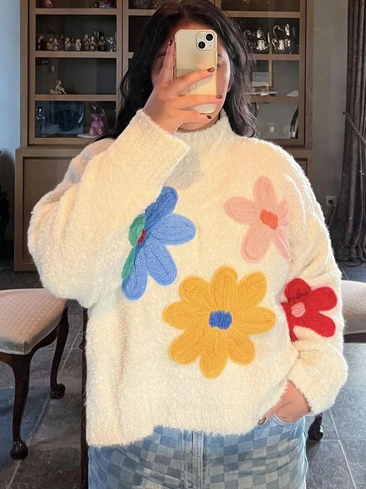 Maisie - Strickrollkragenpullover Buntes Blumendesign