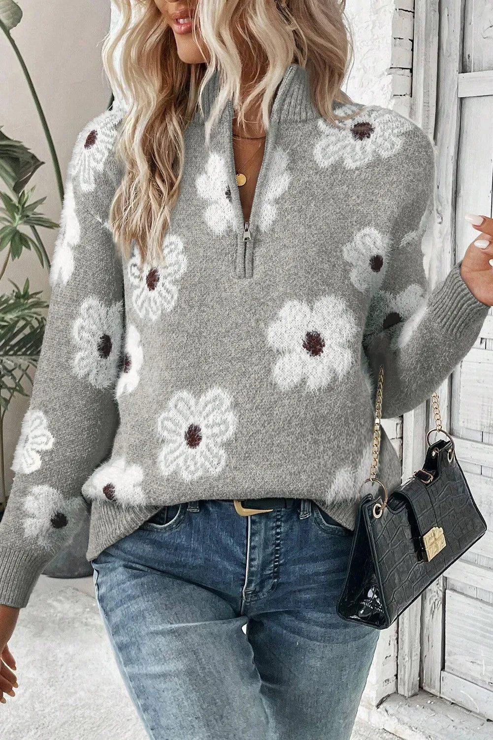 Margaret - Blumensweater mit halbem Reißverschluss