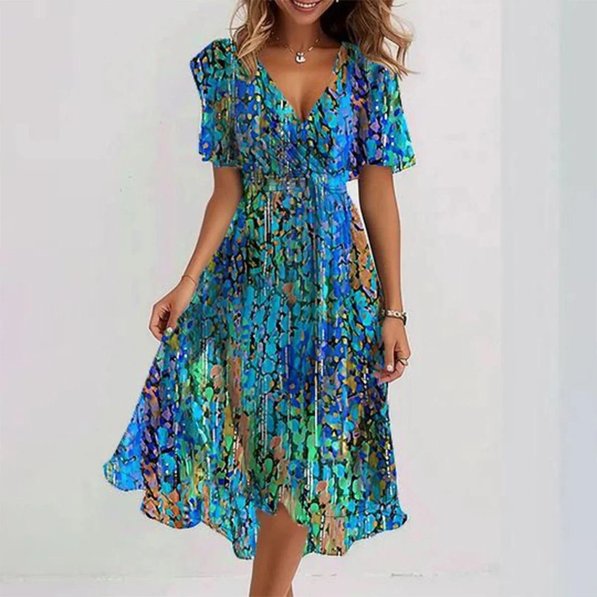 Blumen kleid Damen | V-Ausschnitt & Tailliertes Bindedetail