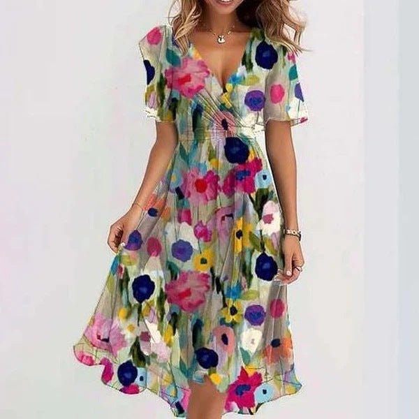 Blumen kleid Damen | V-Ausschnitt & Tailliertes Bindedetail