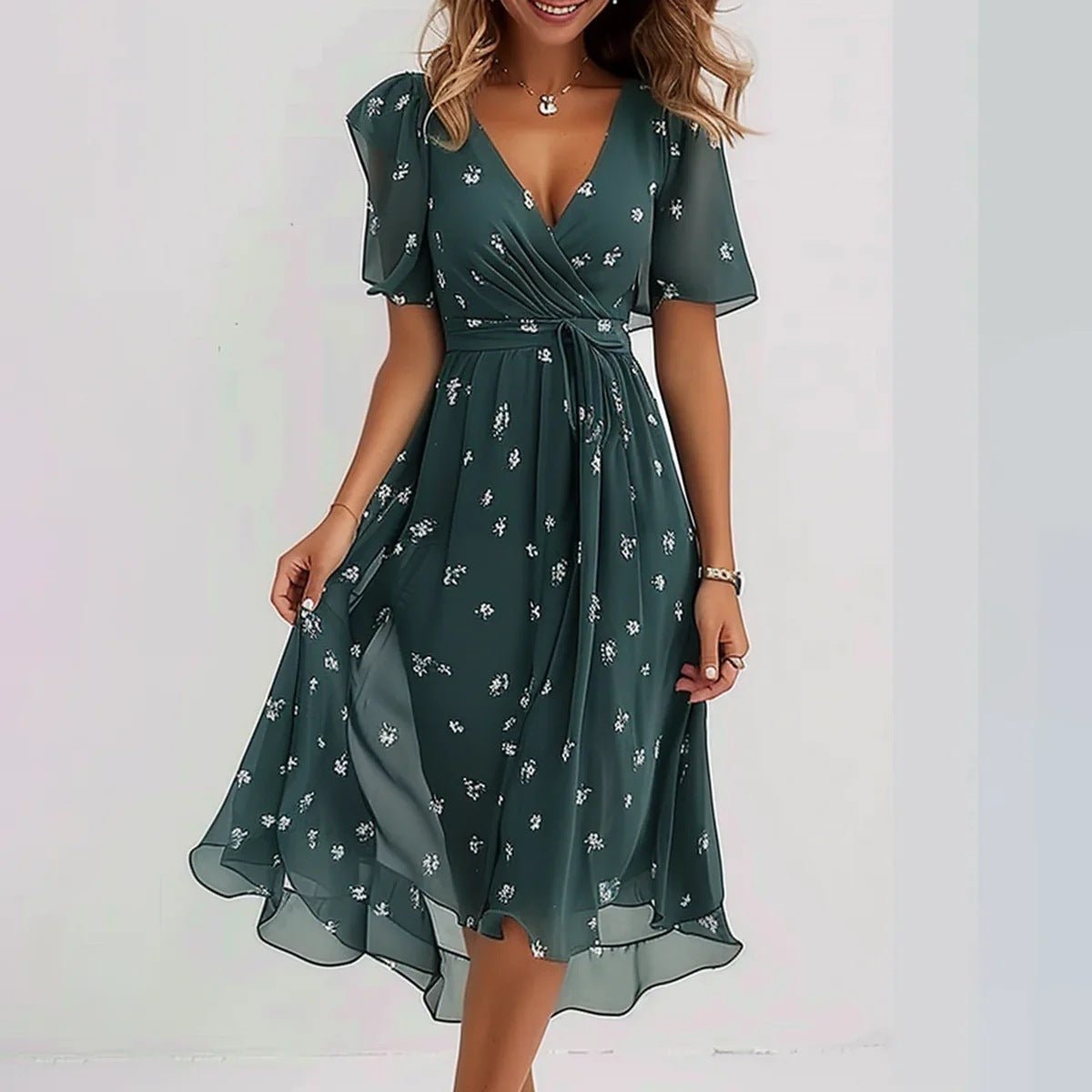 Blumen kleid Damen | V-Ausschnitt & Tailliertes Bindedetail
