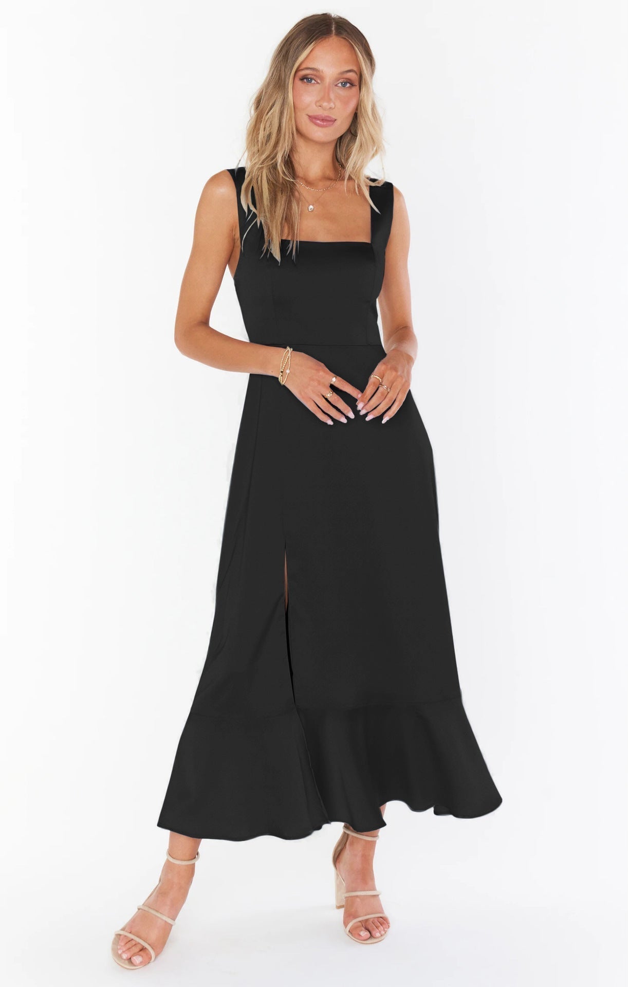 Maxi Kleid Damen | Bindegürtel, Schlitz & Schulterband-Detail