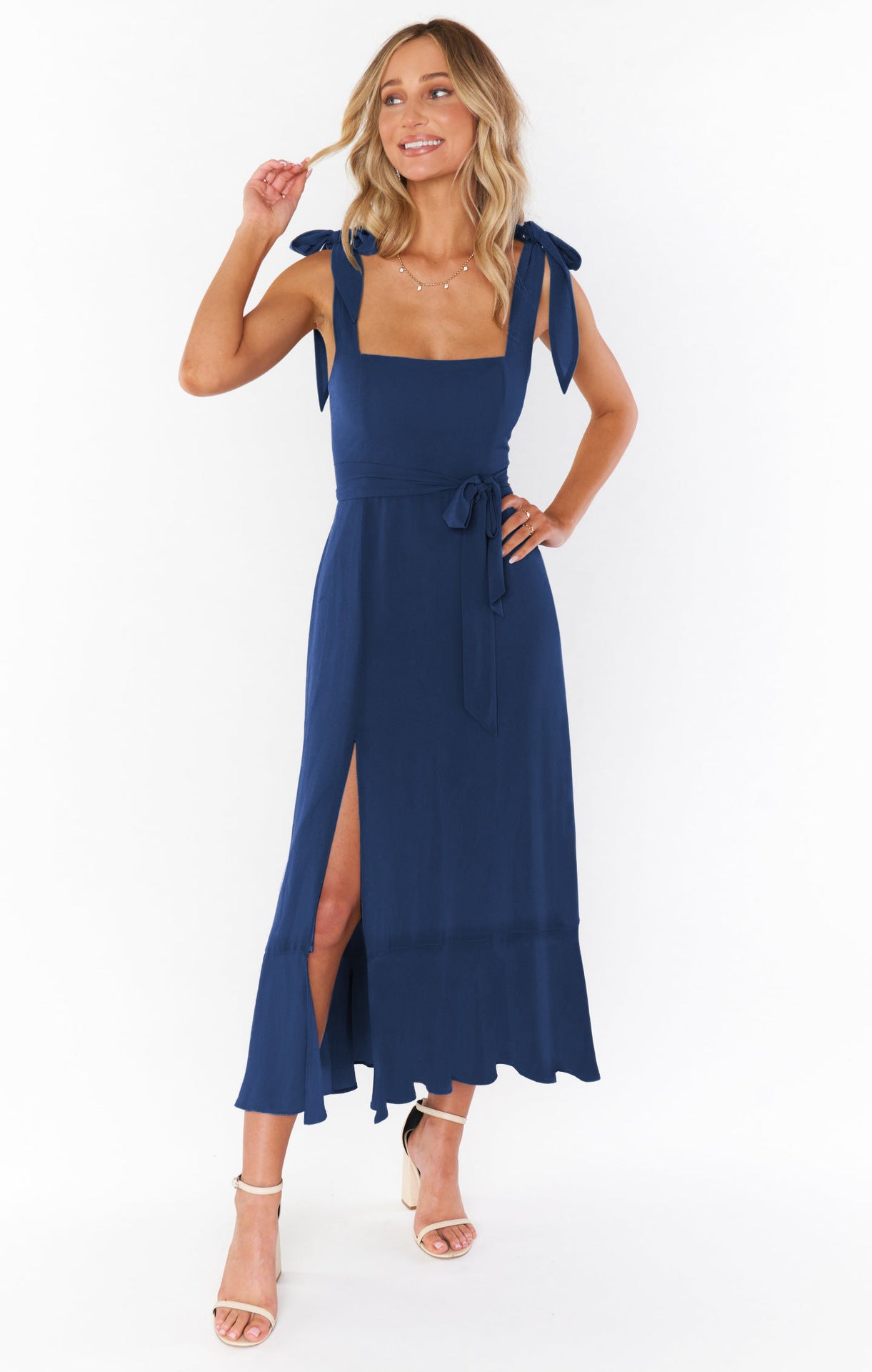 Maxi Kleid Damen | Bindegürtel, Schlitz & Schulterband-Detail