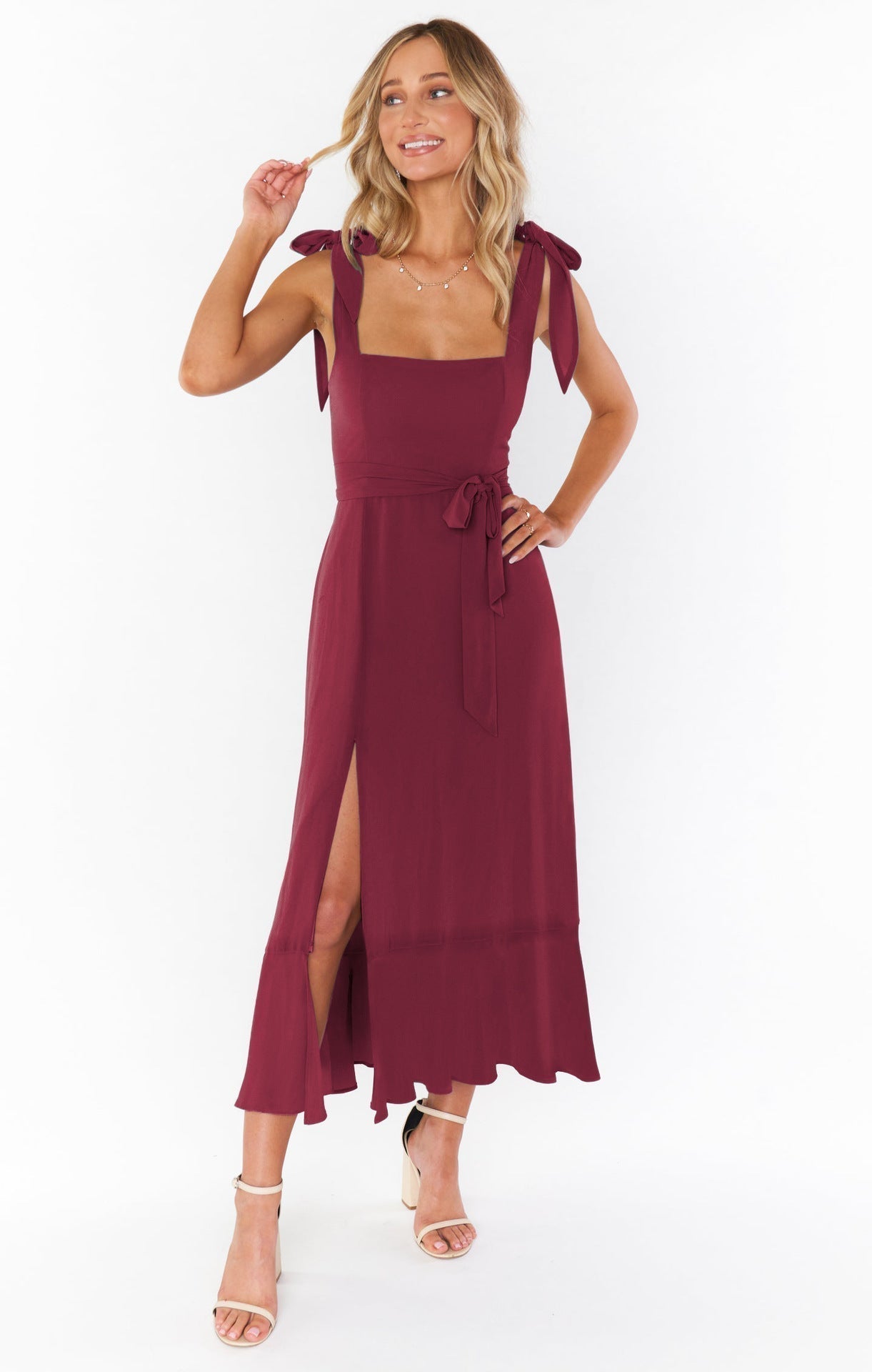 Maxi Kleid Damen | Bindegürtel, Schlitz & Schulterband-Detail