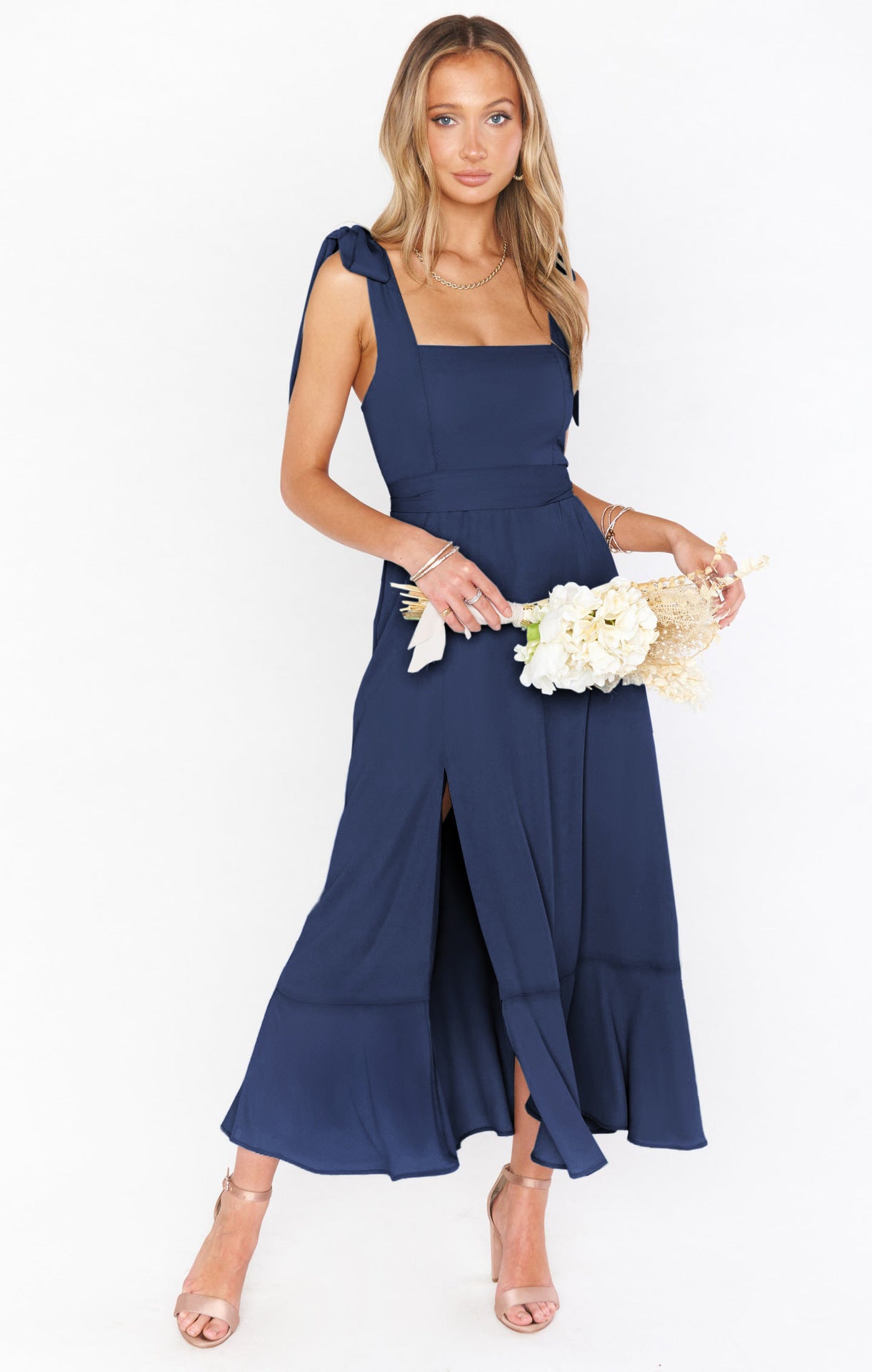 Maxi Kleid Damen | Bindegürtel, Schlitz & Schulterband-Detail