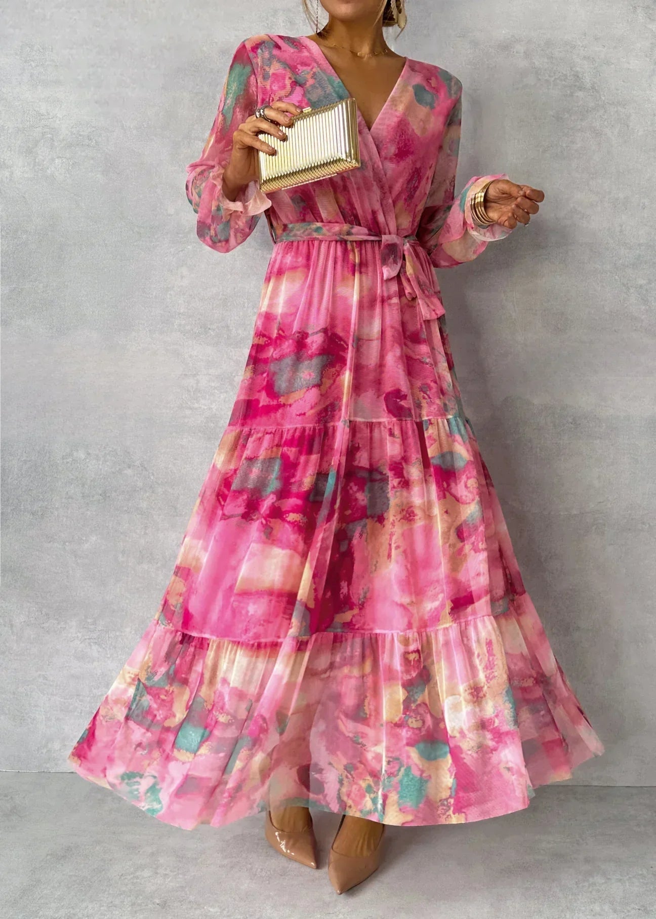 Maxi Kleid Damen | Blumenmuster, V-Ausschnitt & Laternenärmel