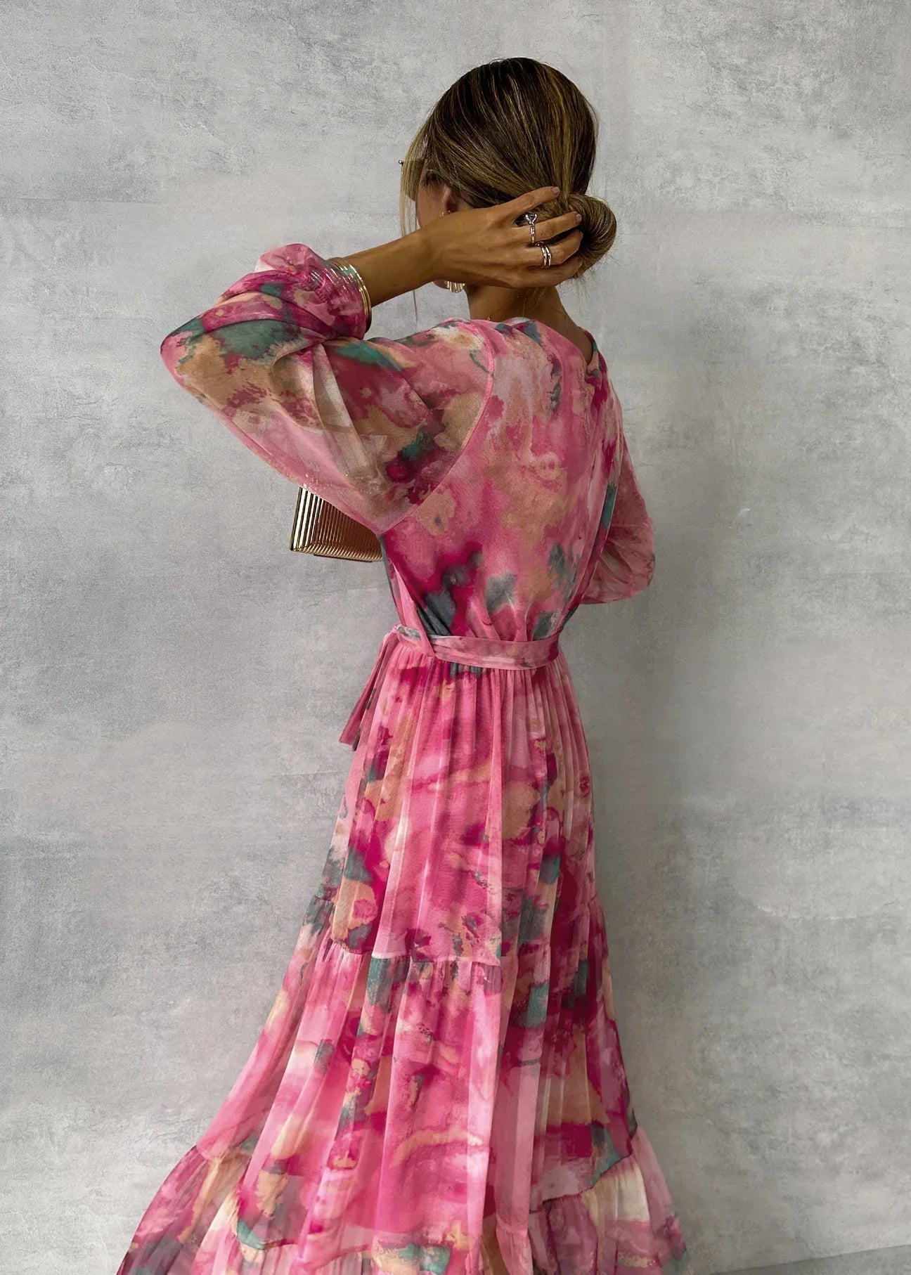 Maxi Kleid Damen | Blumenmuster, V-Ausschnitt & Laternenärmel