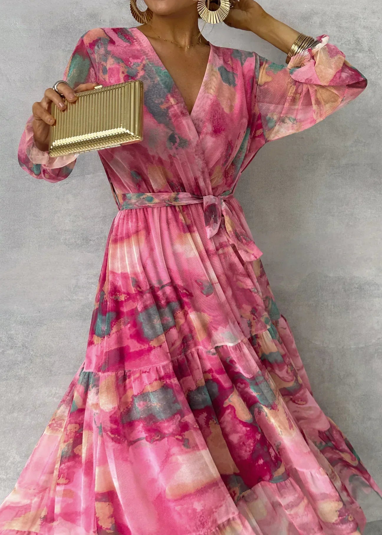 Maxi Kleid Damen | Blumenmuster, V-Ausschnitt & Laternenärmel