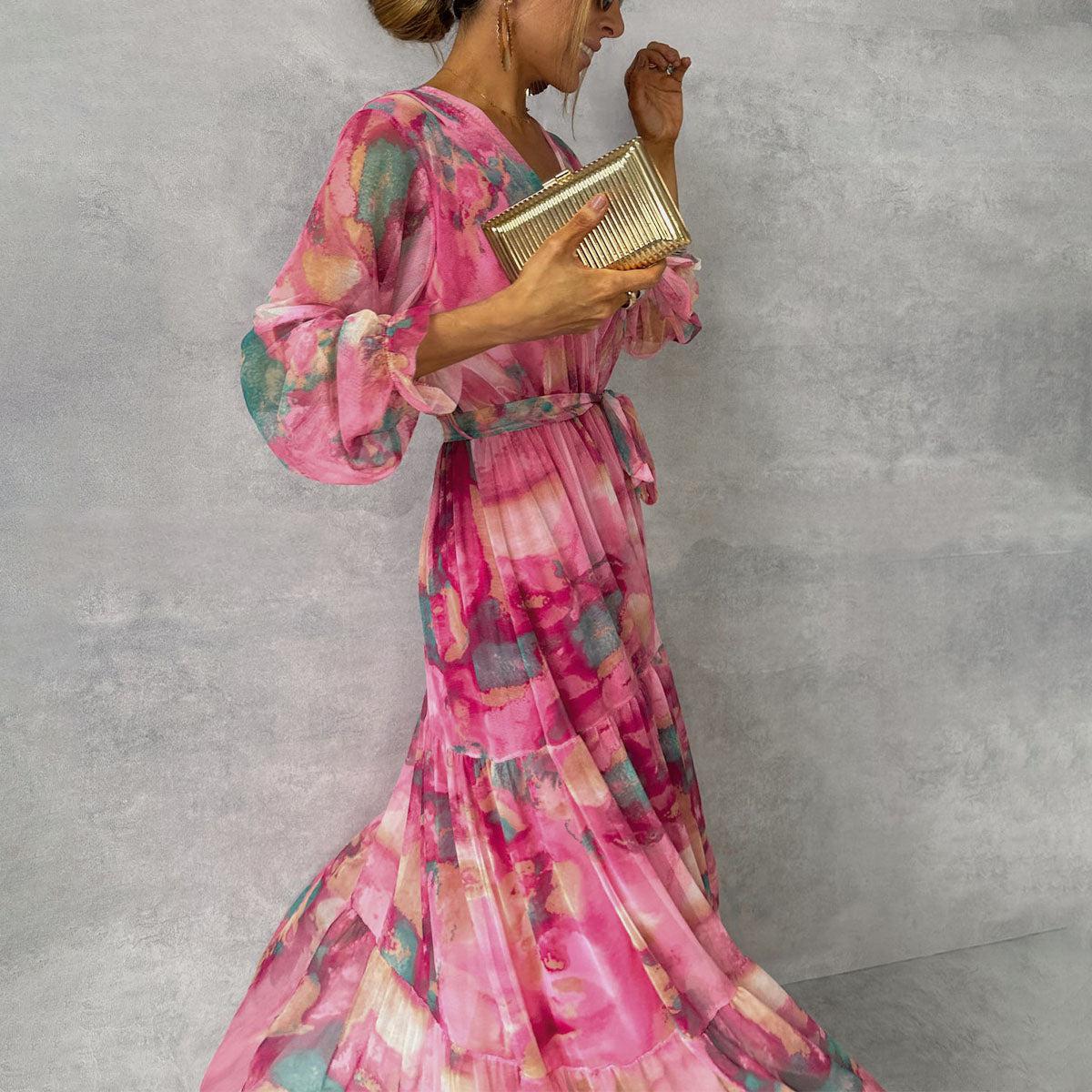 Maxi Kleid Damen | Blumenmuster, V-Ausschnitt & Laternenärmel