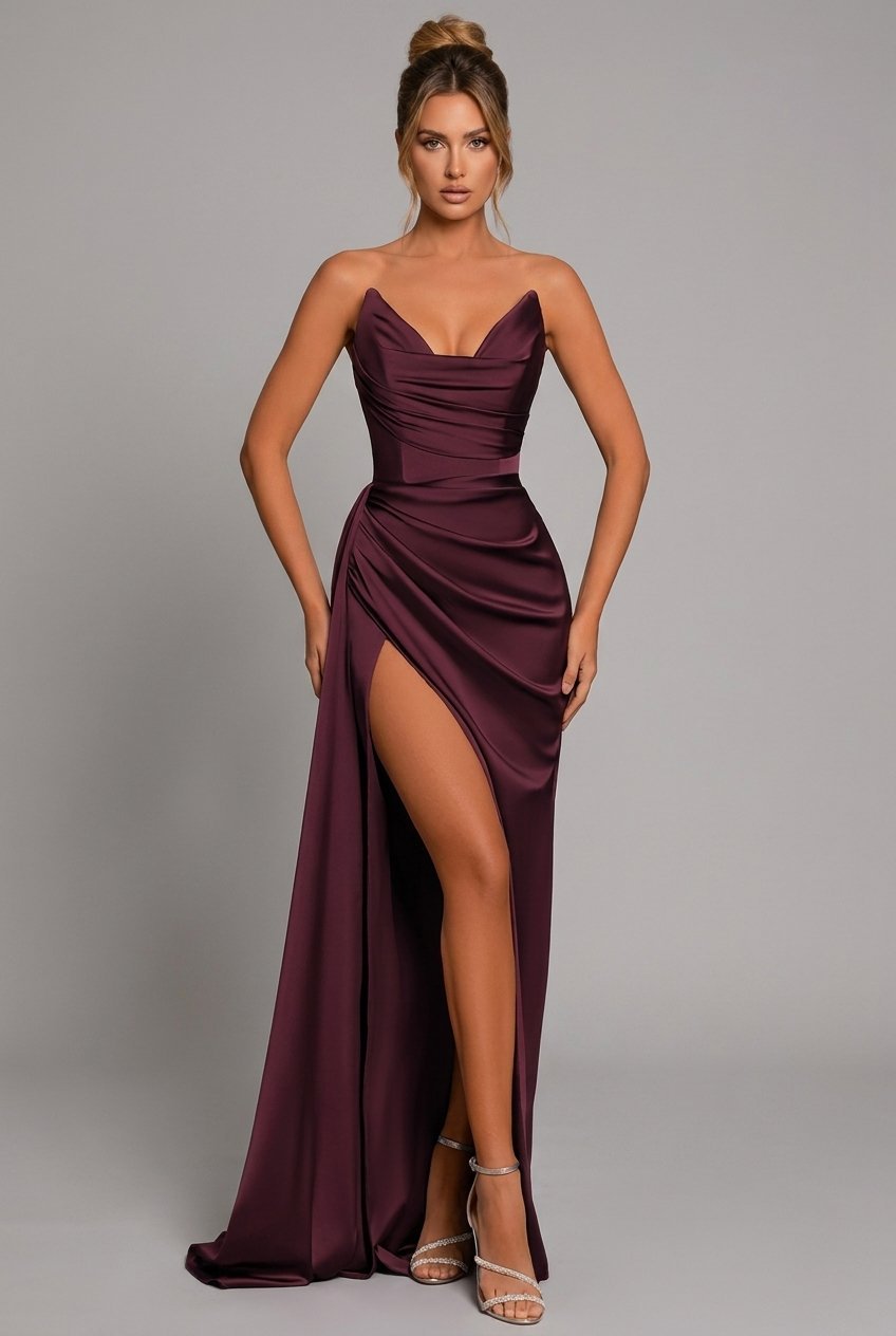 Maxi Kleid Damen | Trägerlos, Herzausschnitt & Beinschlitz