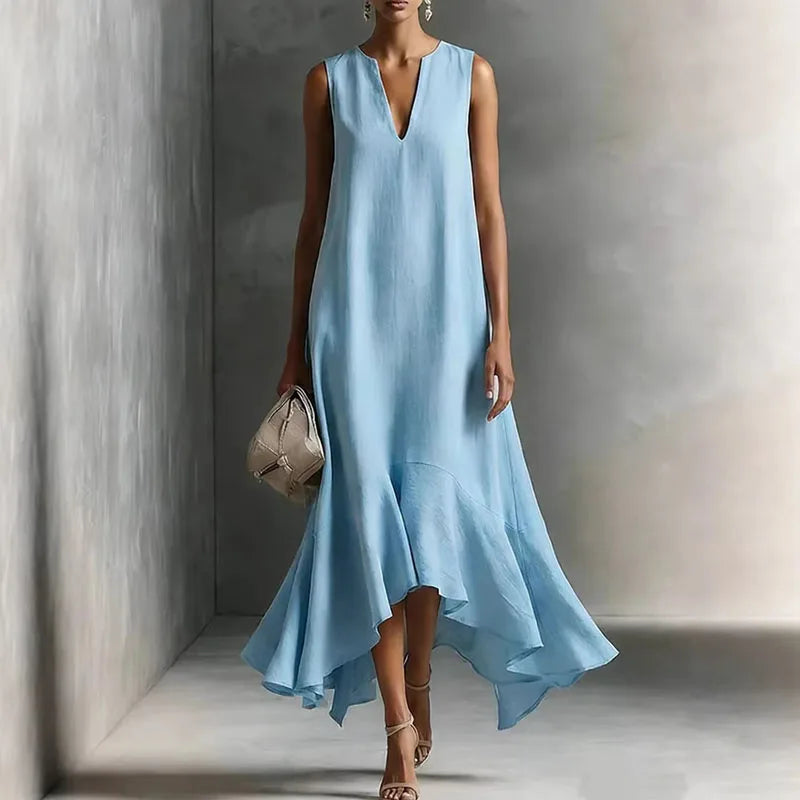 Maxi Kleid Damen | V-Ausschnitt & Volantsaum – Elegantes A-Linien Kleid