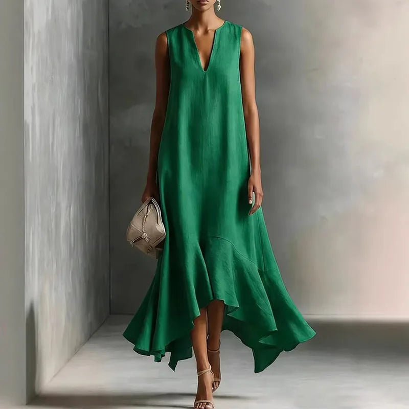 Maxi Kleid Damen | V-Ausschnitt & Volantsaum – Elegantes A-Linien Kleid