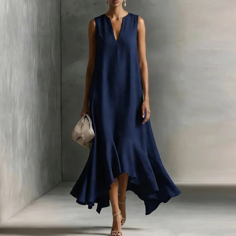 Maxi Kleid Damen | V-Ausschnitt & Volantsaum – Elegantes A-Linien Kleid