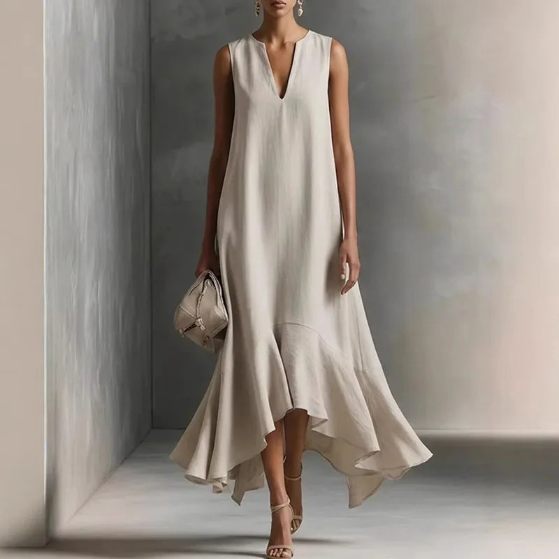 Maxi Kleid Damen | V-Ausschnitt & Volantsaum – Elegantes A-Linien Kleid