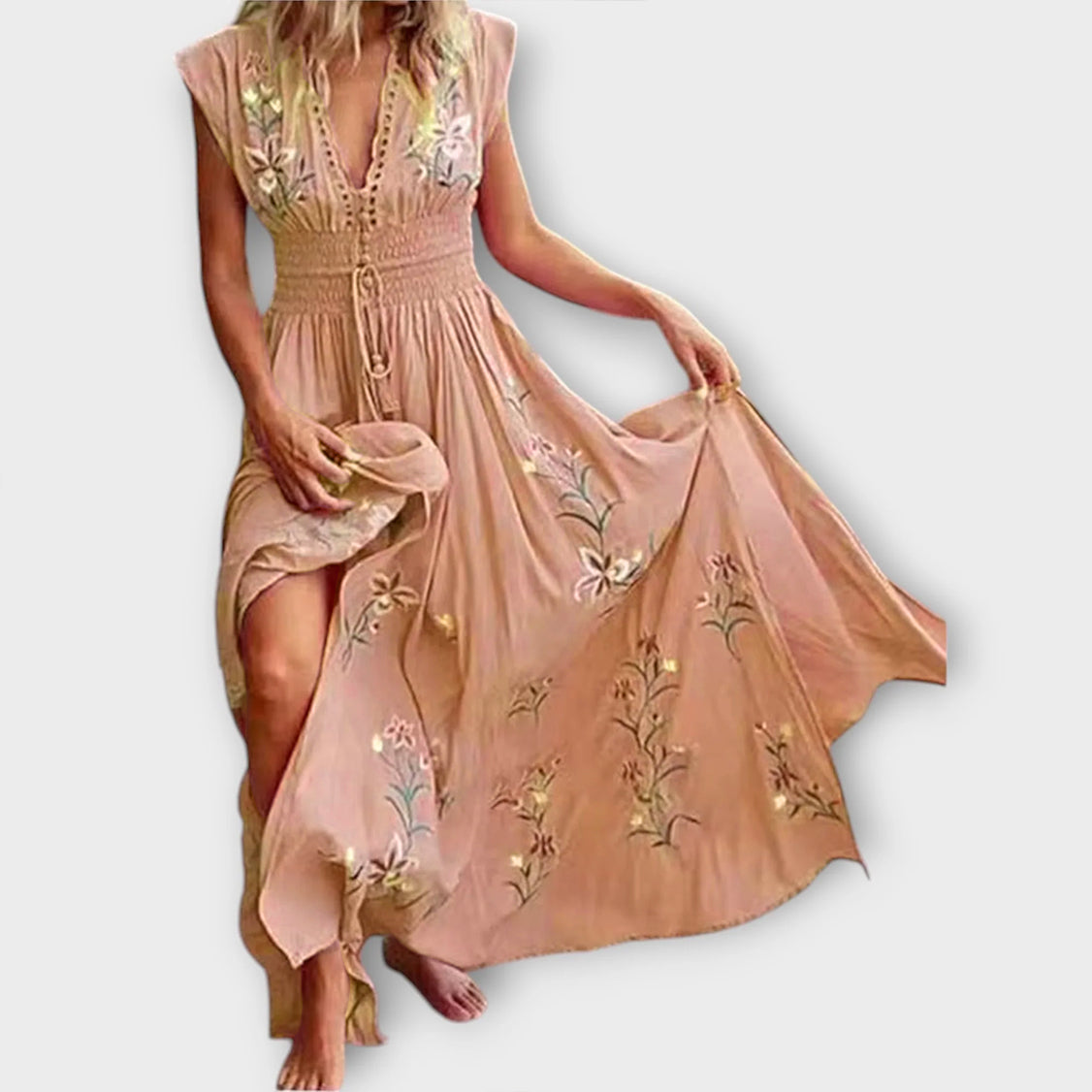 Maxikleid Damen | Boho Stickerei & Smok-Taille mit V-Ausschnitt
