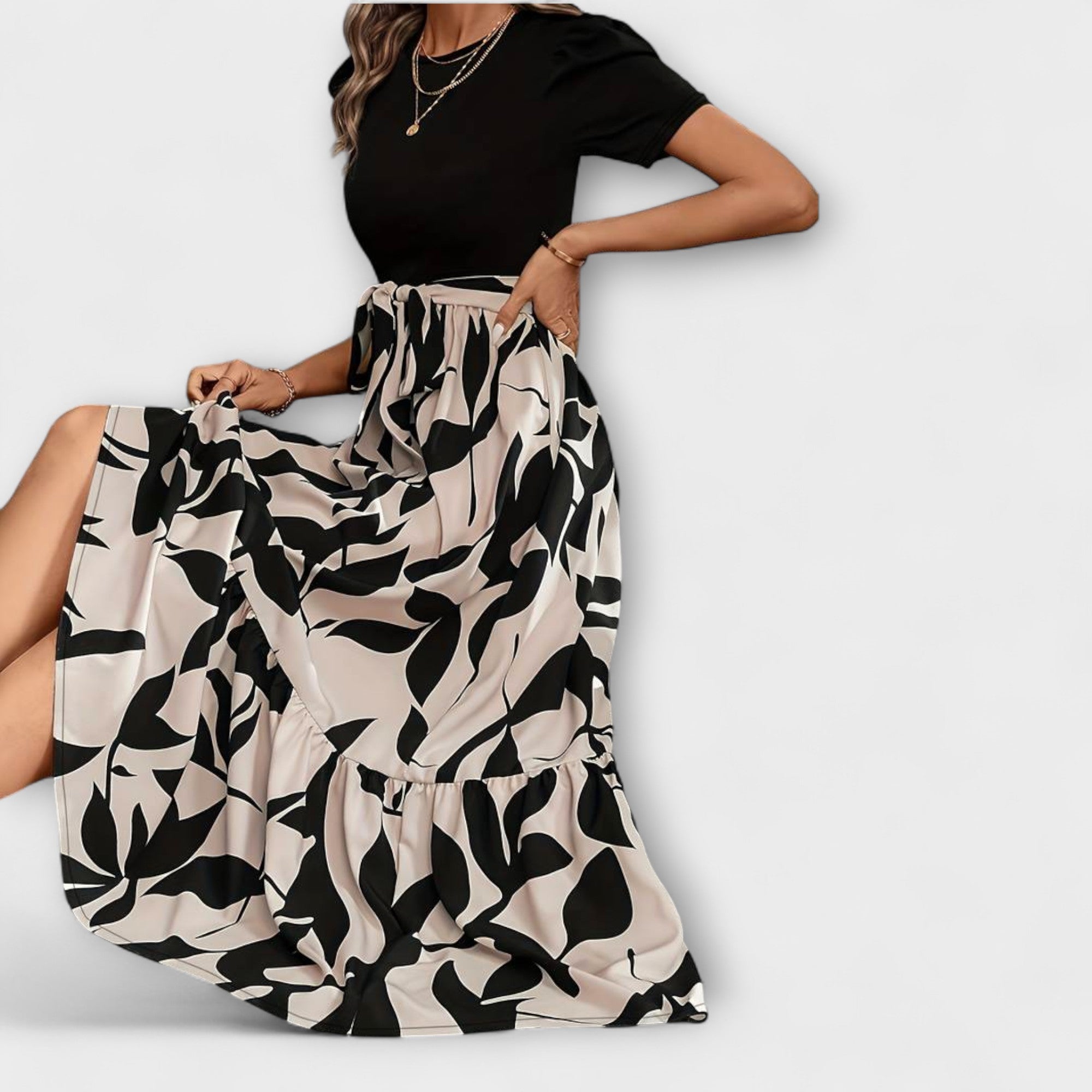 Maxikleid Damen | Elegant Zweifarbig mit Blattdruck & Bindegürtel