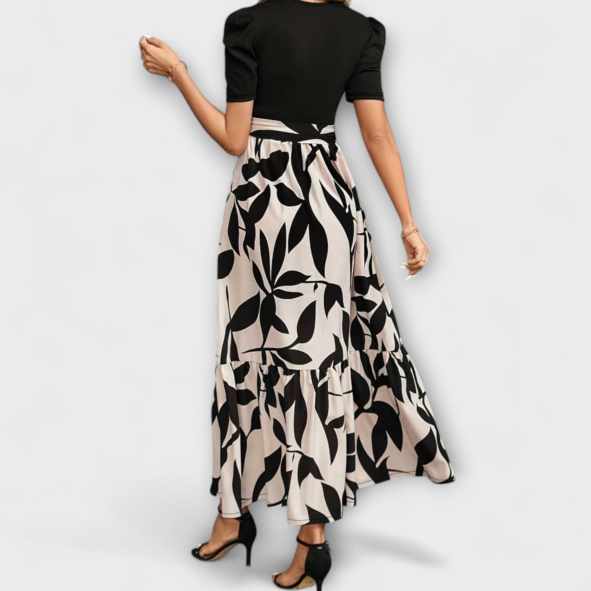 Maxikleid Damen | Elegant Zweifarbig mit Blattdruck & Bindegürtel
