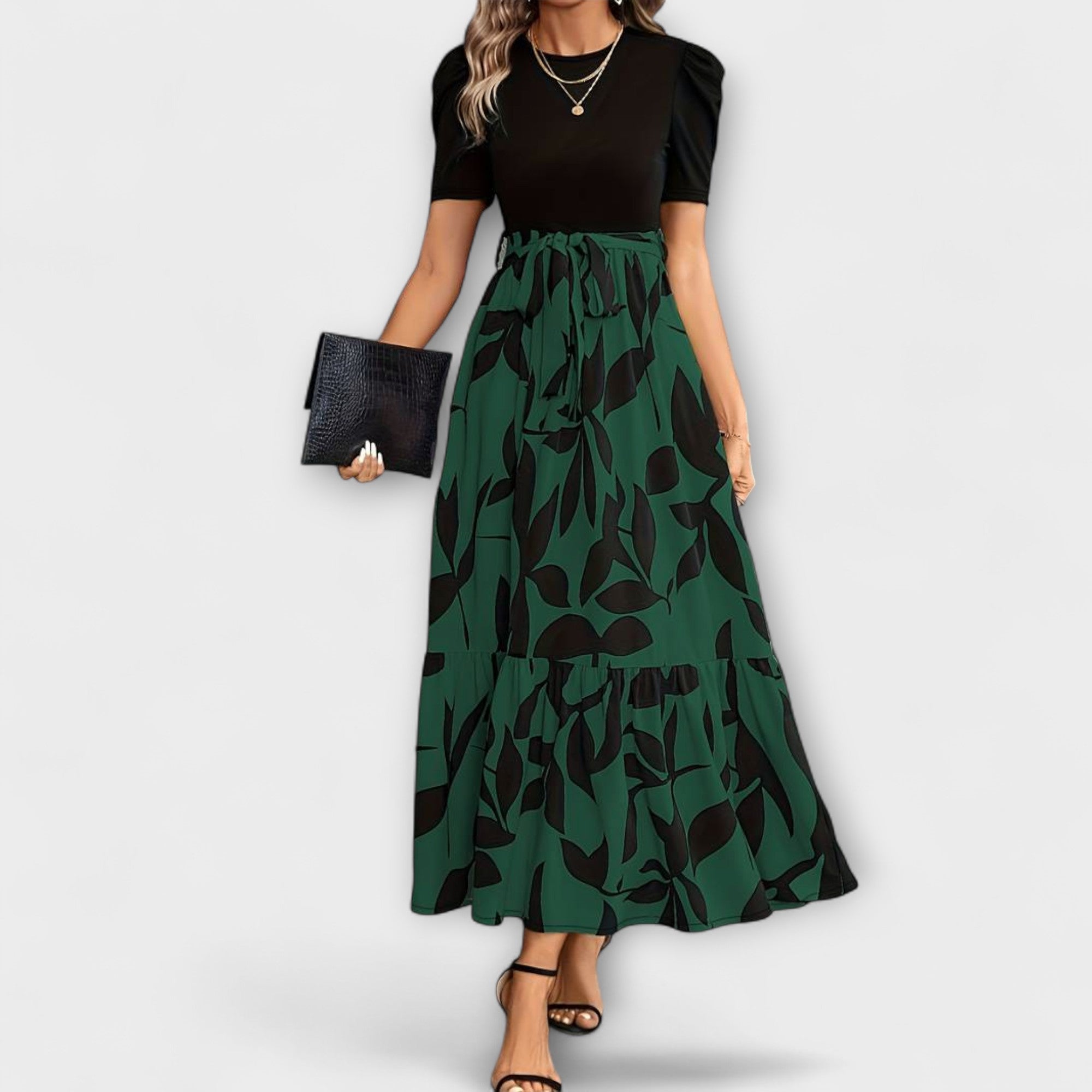 Maxikleid Damen | Elegant Zweifarbig mit Blattdruck & Bindegürtel