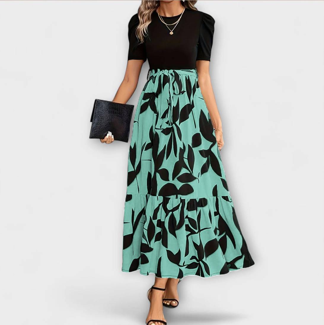 Maxikleid Damen | Elegant Zweifarbig mit Blattdruck & Bindegürtel