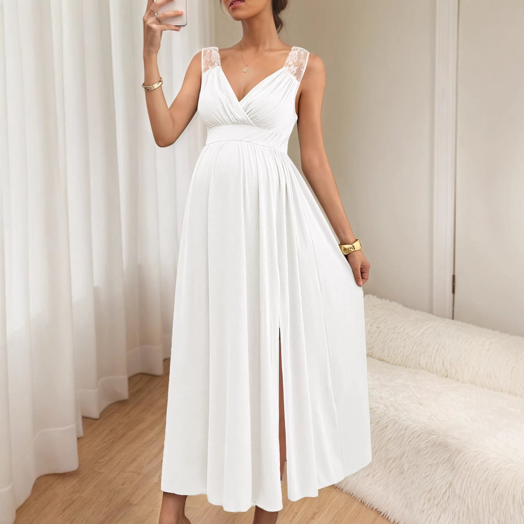 Damen Elegantes Maxikleid mit Spitzenakzenten und fließendem Rock Drune 2