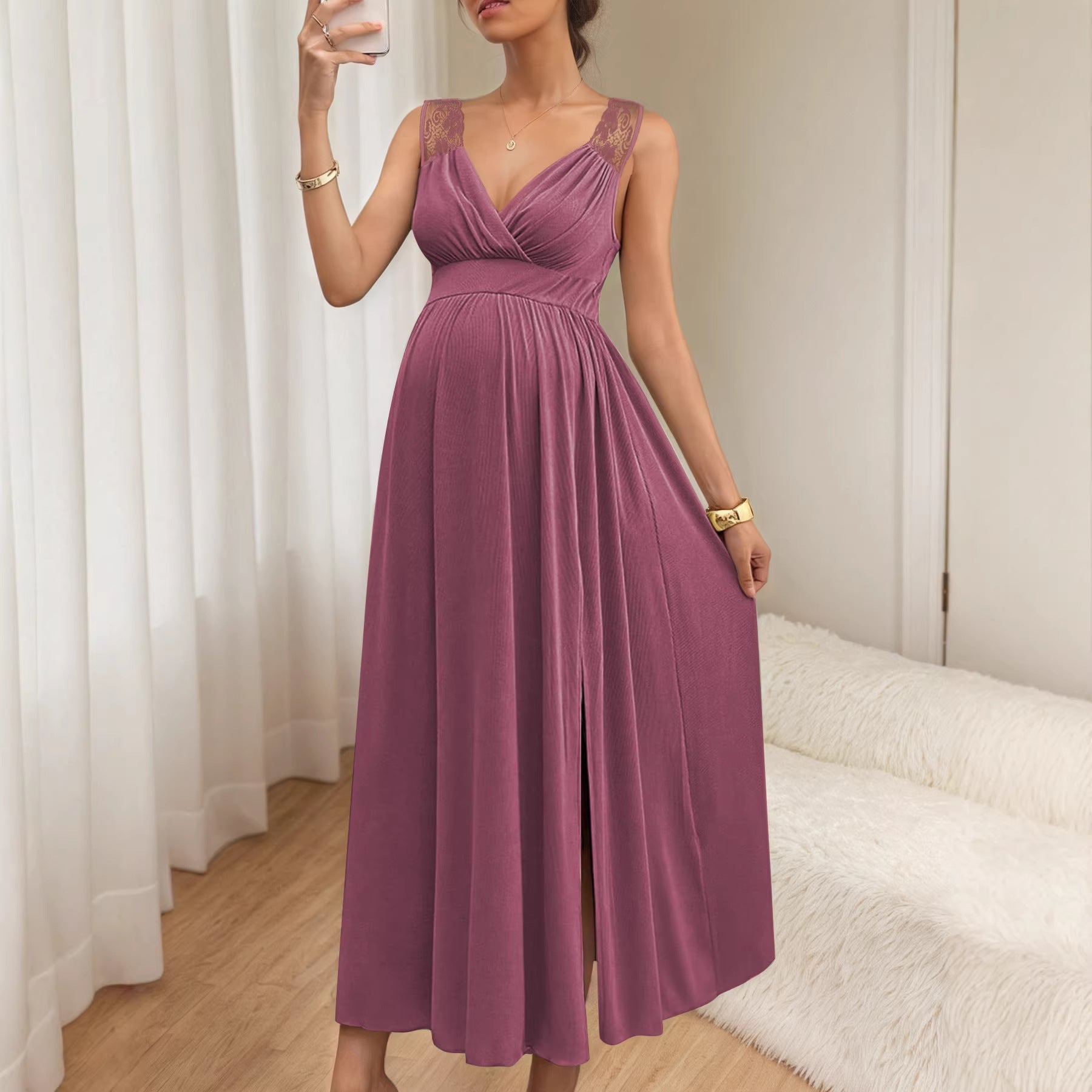 Damen Elegantes Maxikleid mit Spitzenakzenten und fließendem Rock Drune 3