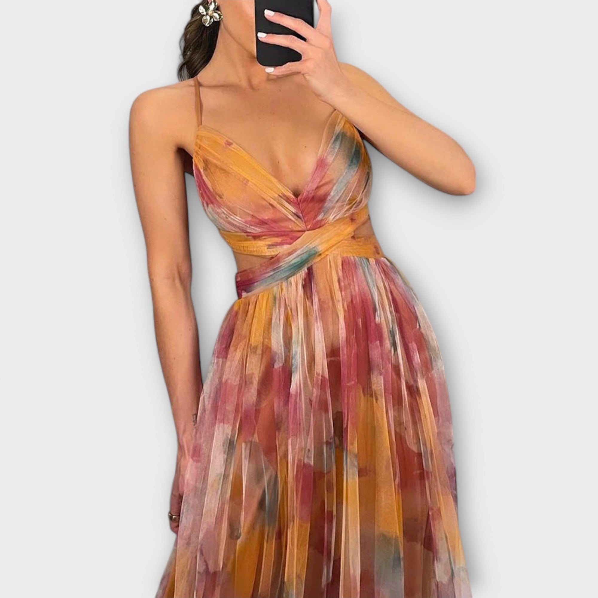 Maxikleid Damen | Festlich Tüll mit Aquarell-Print & Cut-Out