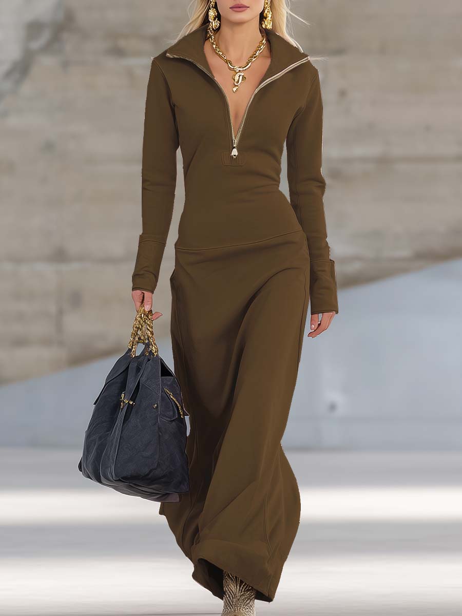 Maxikleid Damen | Figurbetonend mit Zip-Kragen & Langarm
