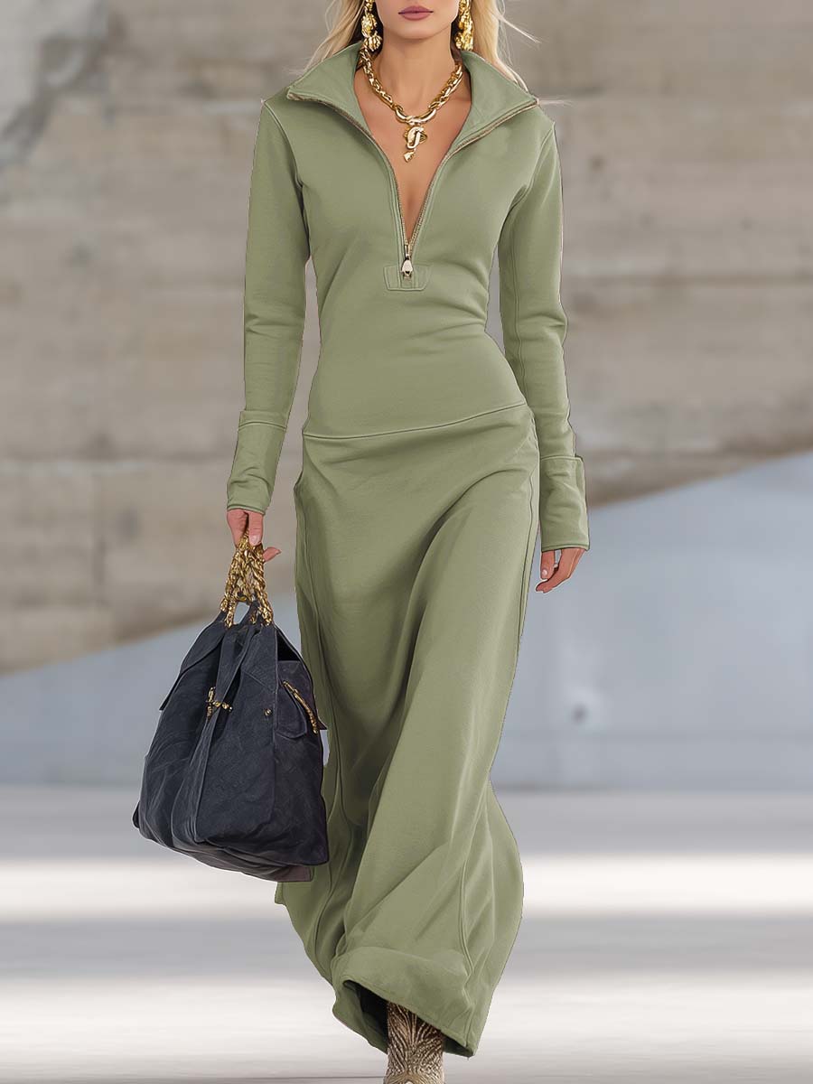 Maxikleid Damen | Figurbetonend mit Zip-Kragen & Langarm