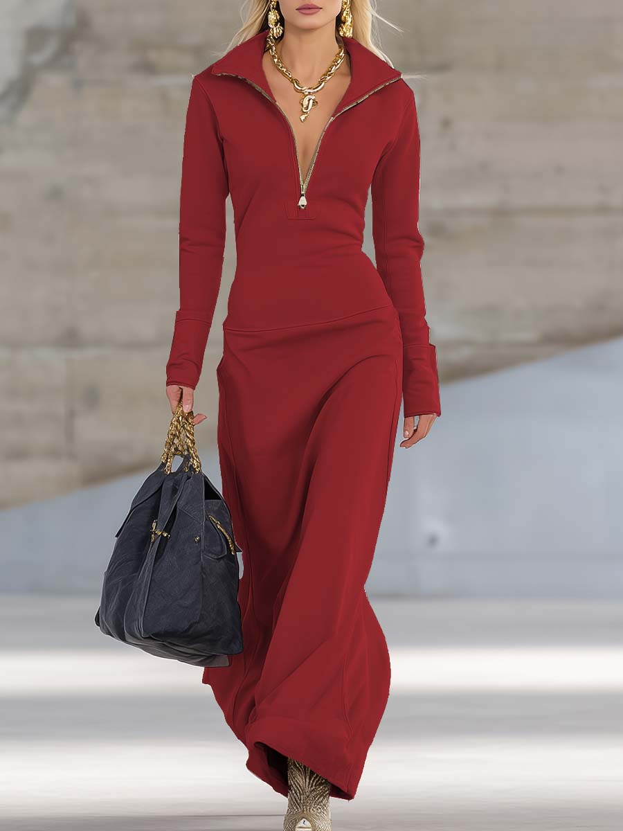 Maxikleid Damen | Figurbetonend mit Zip-Kragen & Langarm