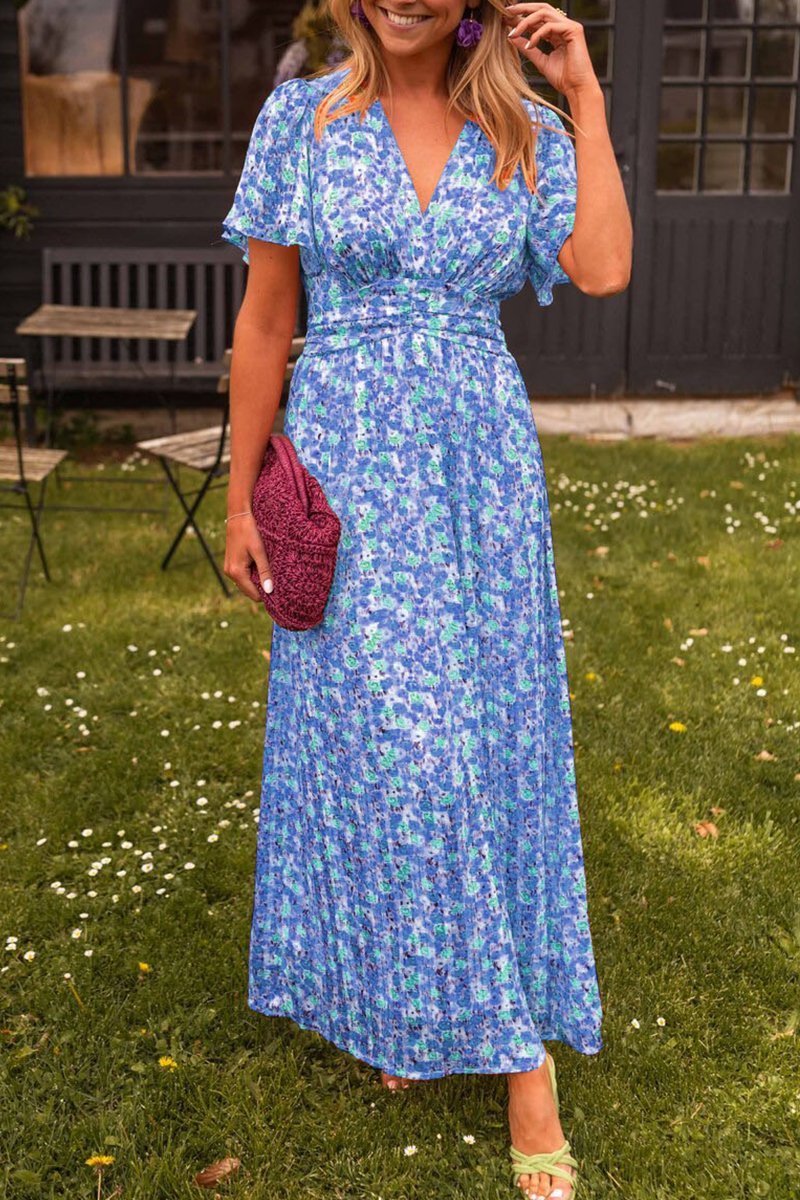 Maxikleid Damen | Fröhlicher Blumendruck & Geraffter V-Ausschnitt
