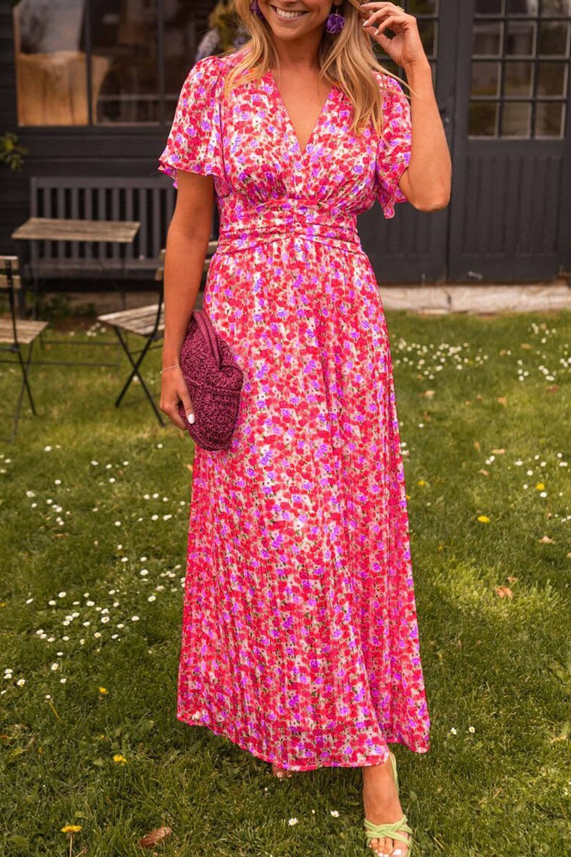 Maxikleid Damen | Fröhlicher Blumendruck & Geraffter V-Ausschnitt