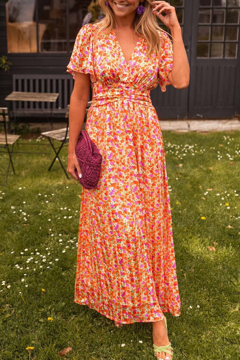 Maxikleid Damen | Fröhlicher Blumendruck & Geraffter V-Ausschnitt