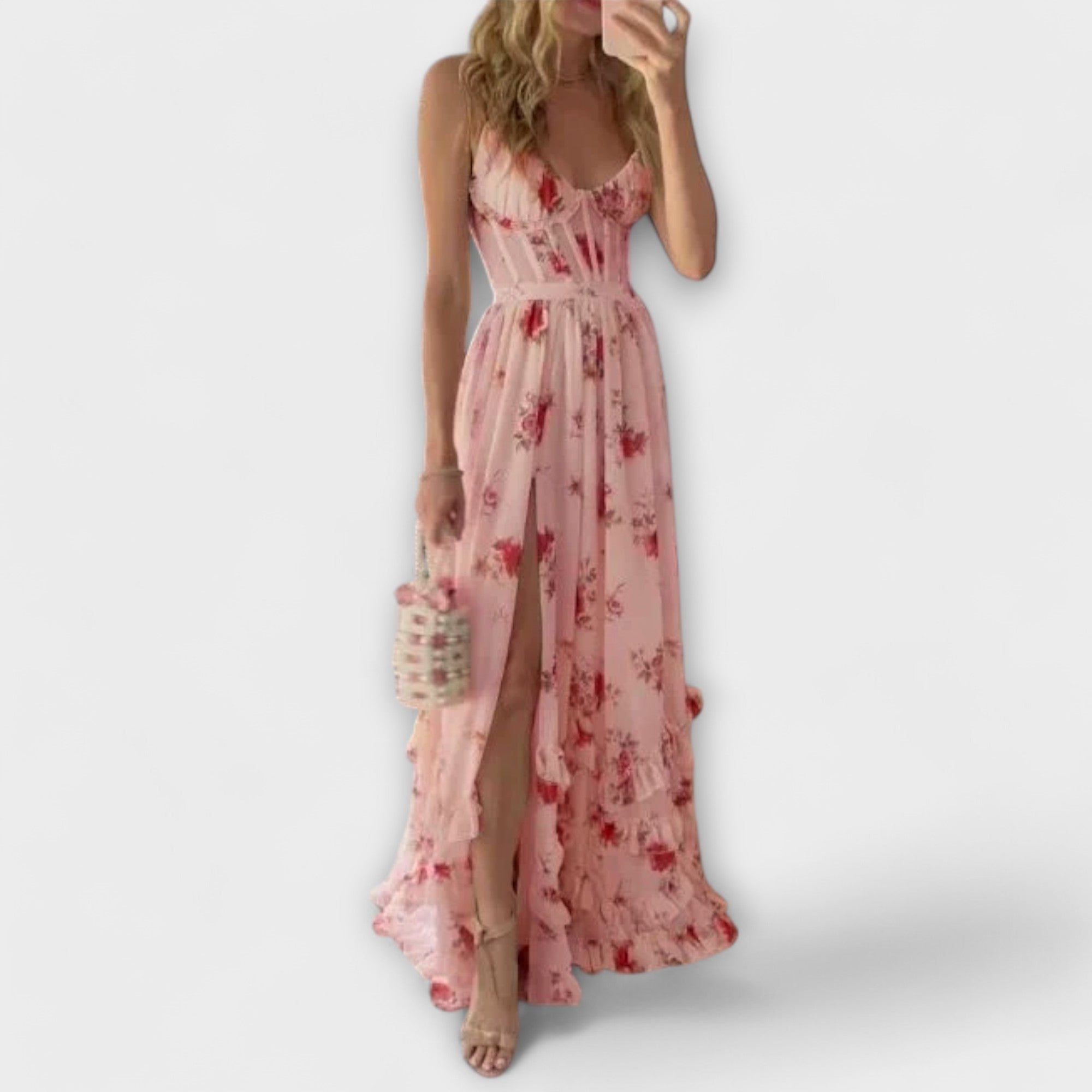 Maxikleid Damen | Romantisch Blumendruck & Trägerlos mit Schlitz