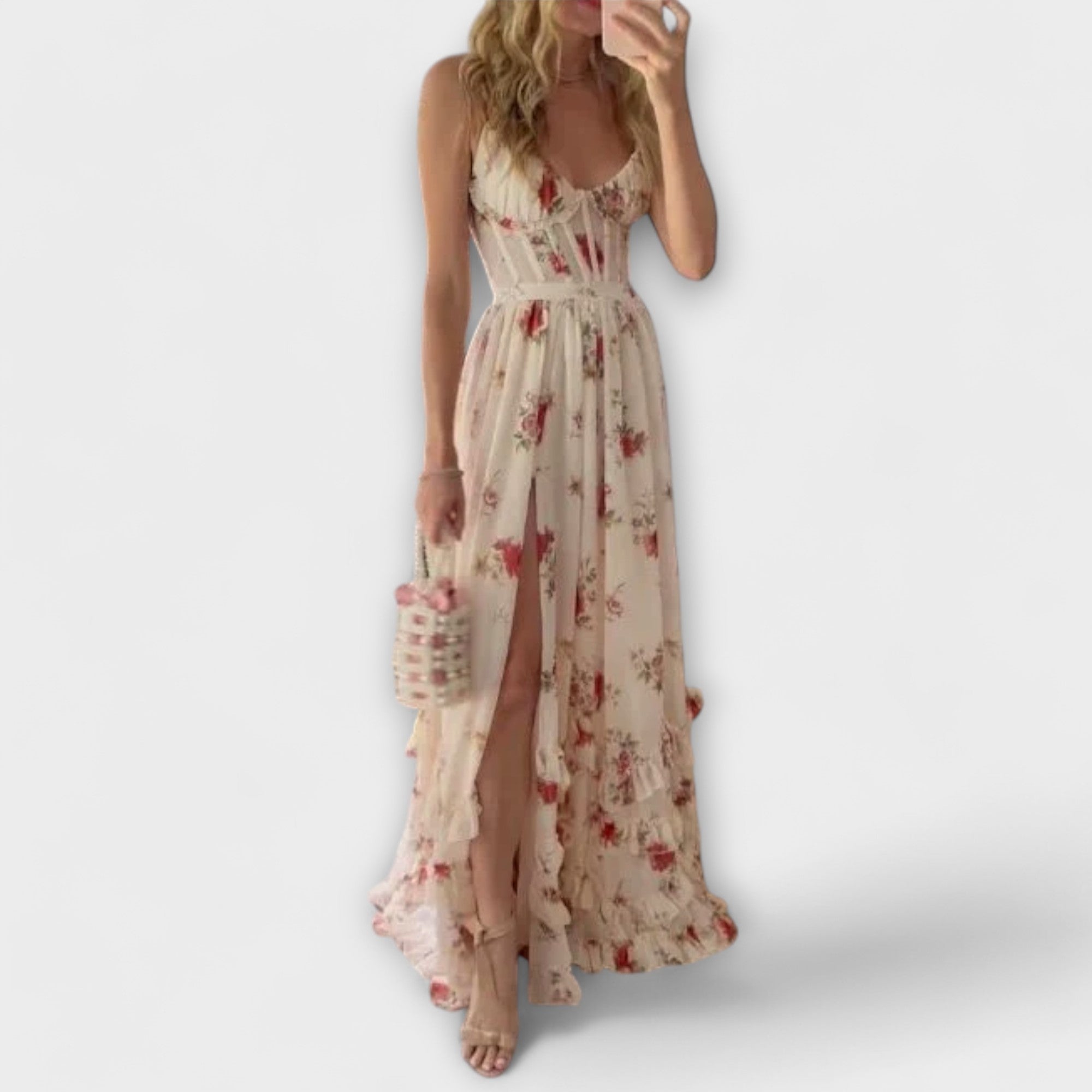 Maxikleid Damen | Romantisch Blumendruck & Trägerlos mit Schlitz