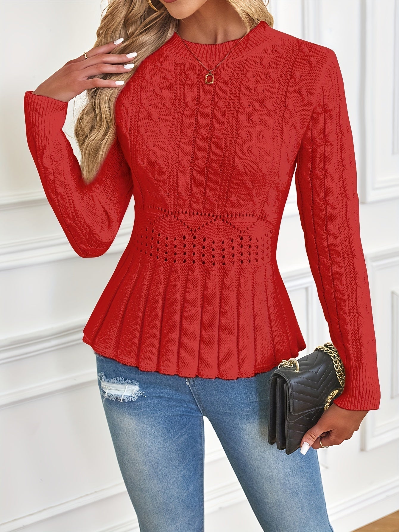 Meredith - Robuster Zopfstrickpullover mit Rundhalsausschnitt