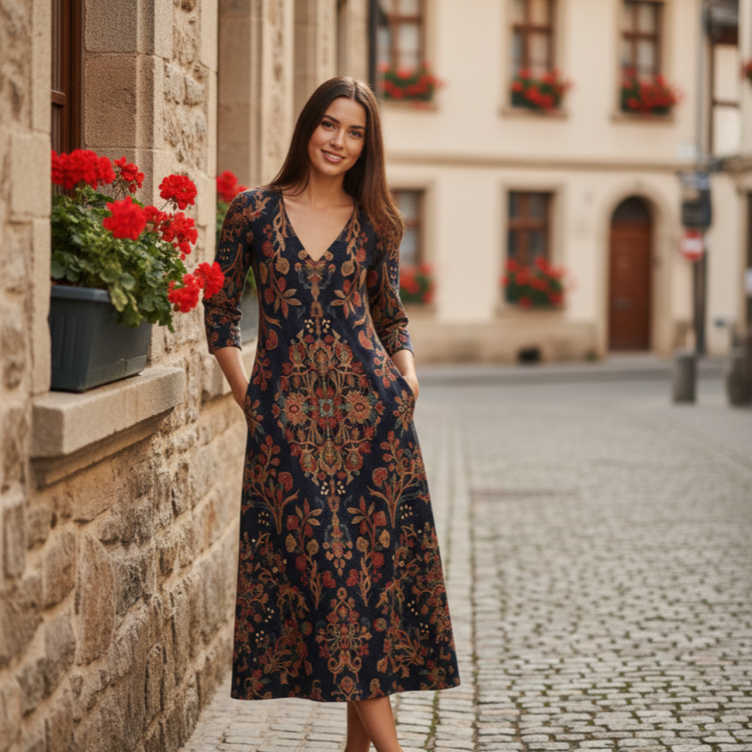Midi Kleid Damen | Boho Print & V-Ausschnitt