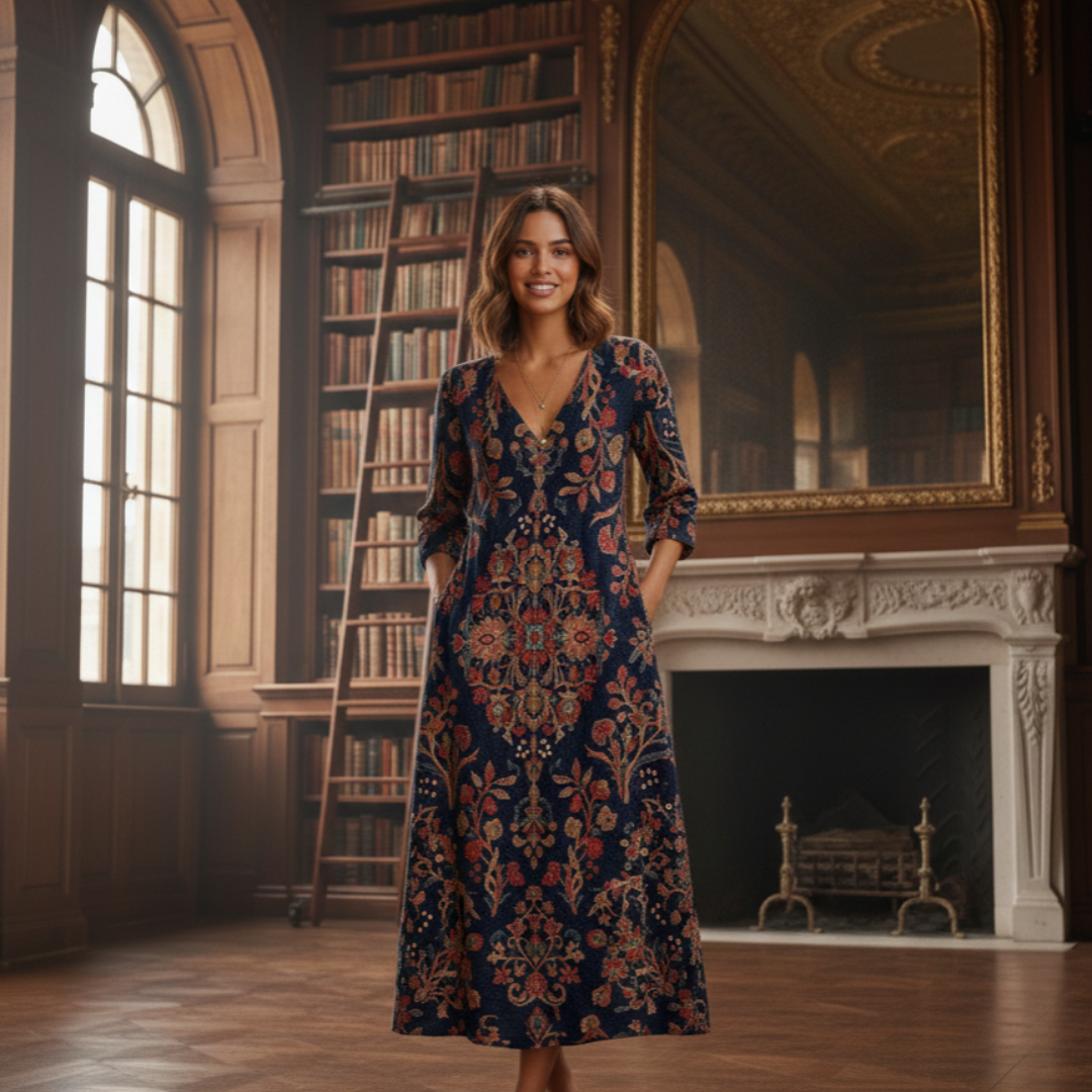 Midi Kleid Damen | Boho Print & V-Ausschnitt
