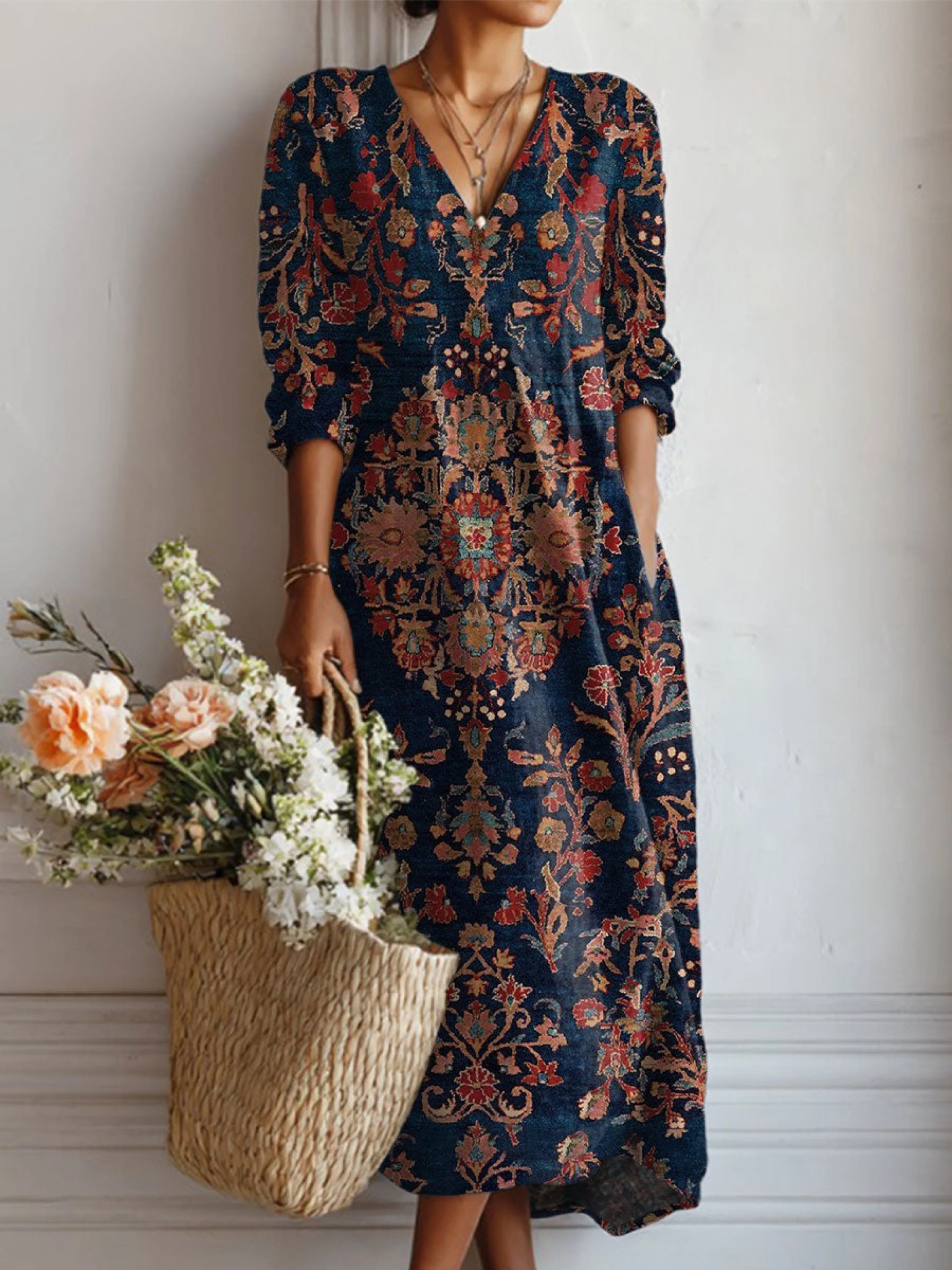 Midi Kleid Damen | Boho Print & V-Ausschnitt