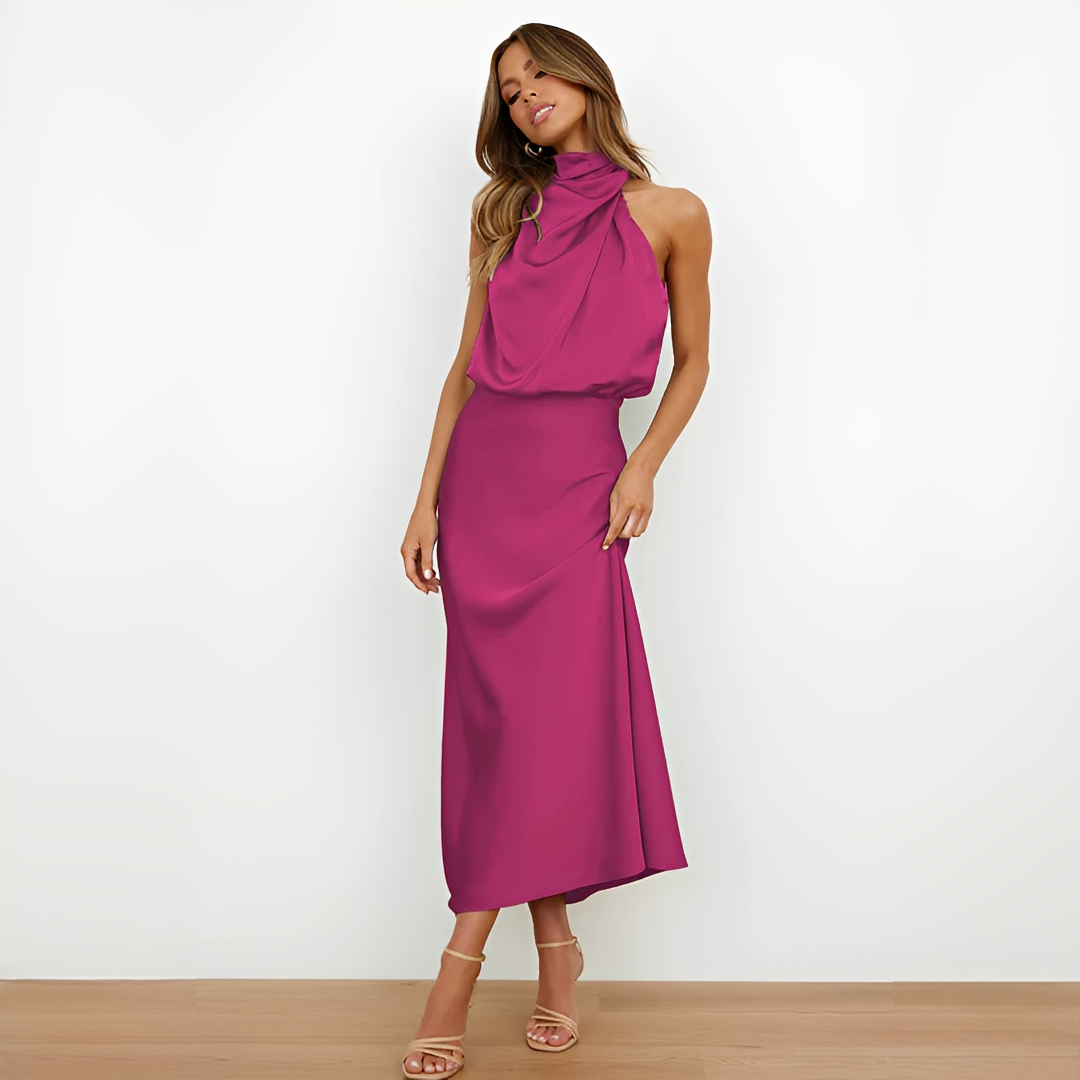 Midi Kleid Damen | Elegantes Neckholder-Design & Satin-Look