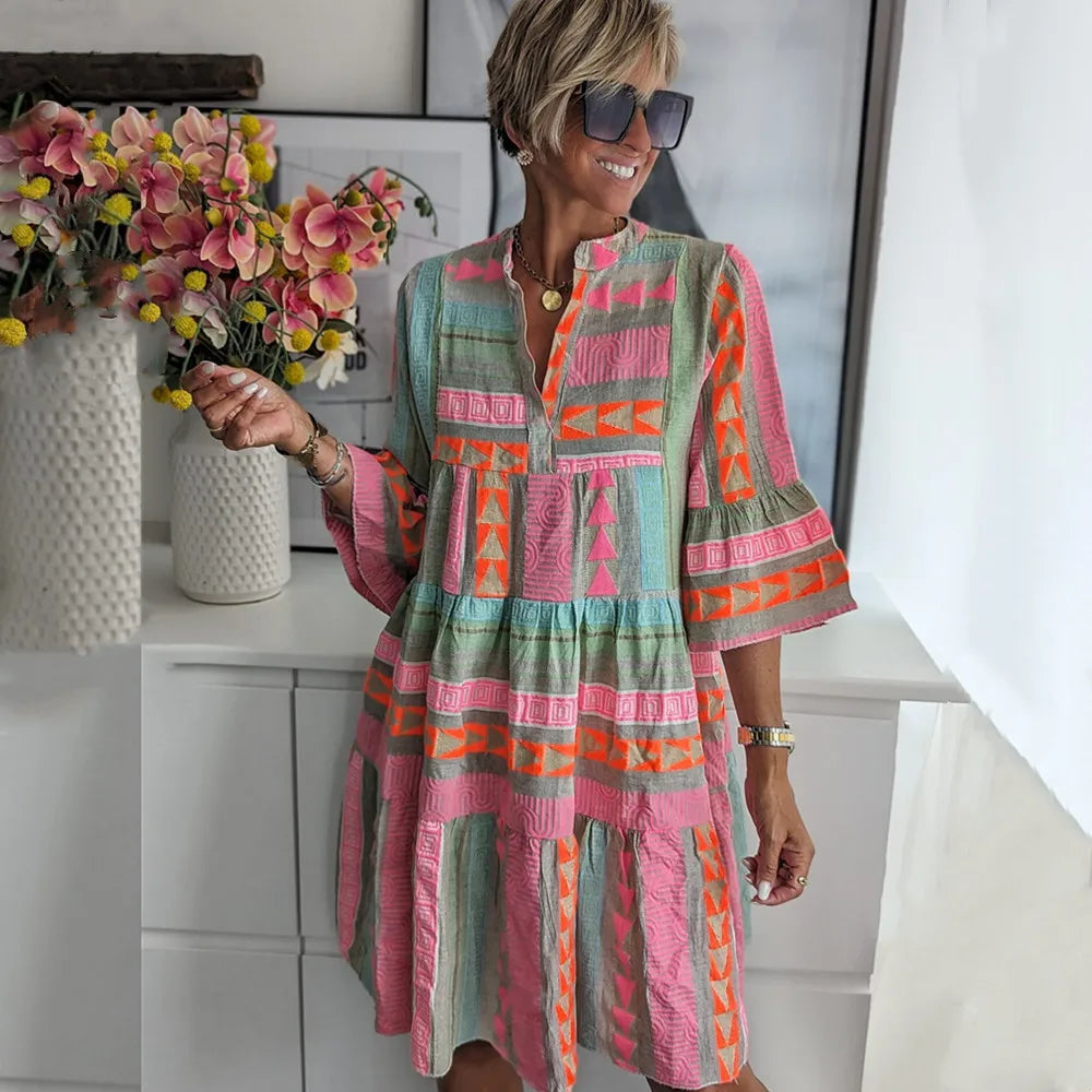 Midi Kleid Damen | Ethno-Print & Fließender Volantschnitt