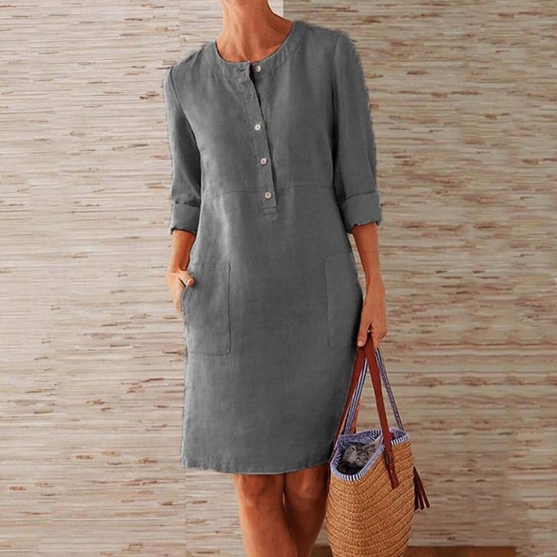 Midi Kleid Damen | Knopfleiste & Seitentaschen